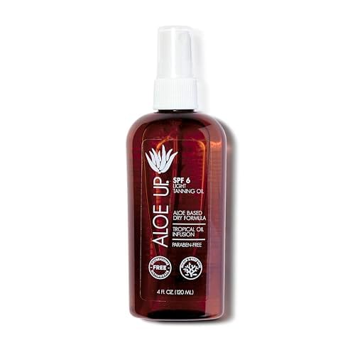 Aloe Up Light Tanning Oil With SPF 6 Sunscreen - Body and Face Tanning for Outdoor Sun - With Pure Aloe Vera Oil and Natural Oils - Absorbs Quickly - Reef Friendly - Fresh Tropical Scent - 4 Oz
