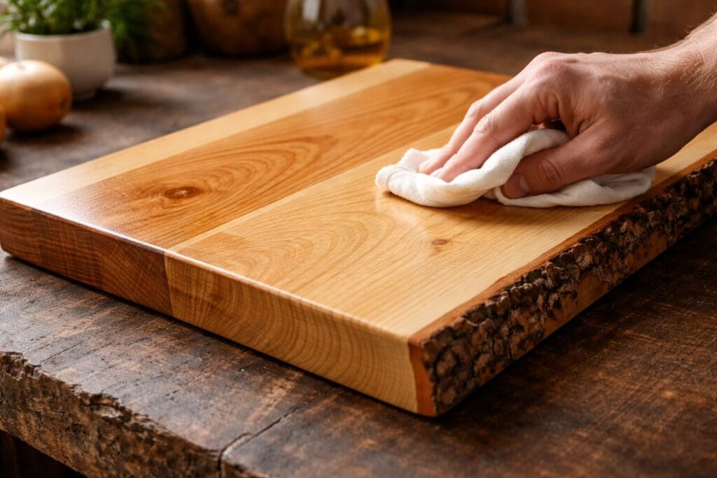 Applying food-safe beeswax finish to a handmade maple cutting board