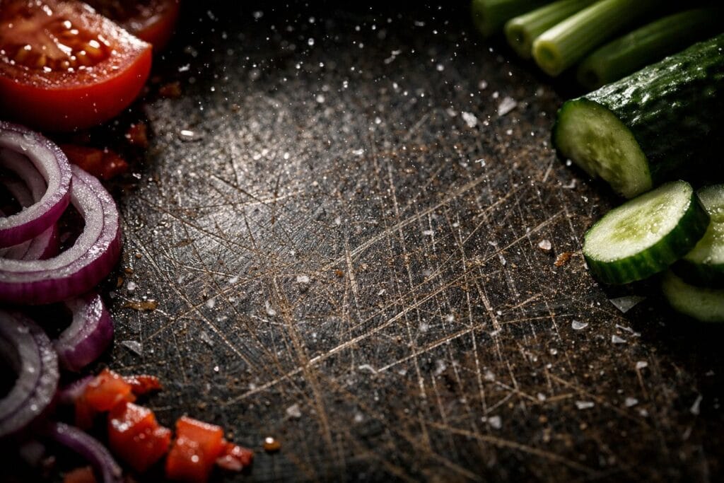 Worn plastic cutting board showing deep knife grooves where microplastics shed into food